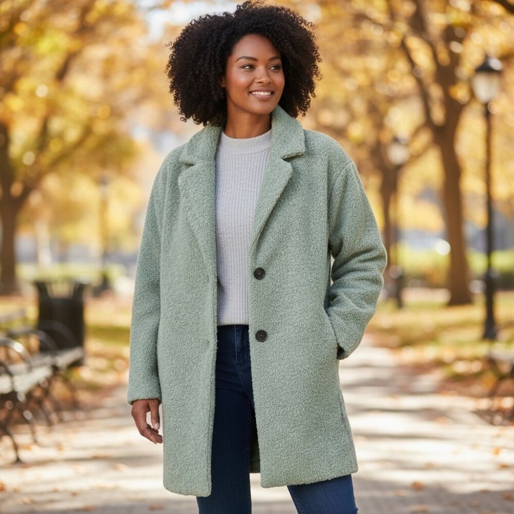 NEW Daily Ritual Teddy Bear Coat Women's Size Large L Sage Green‎ Oversized Fit